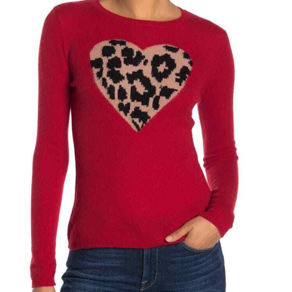 New Red Heart Leopard Print Sweater